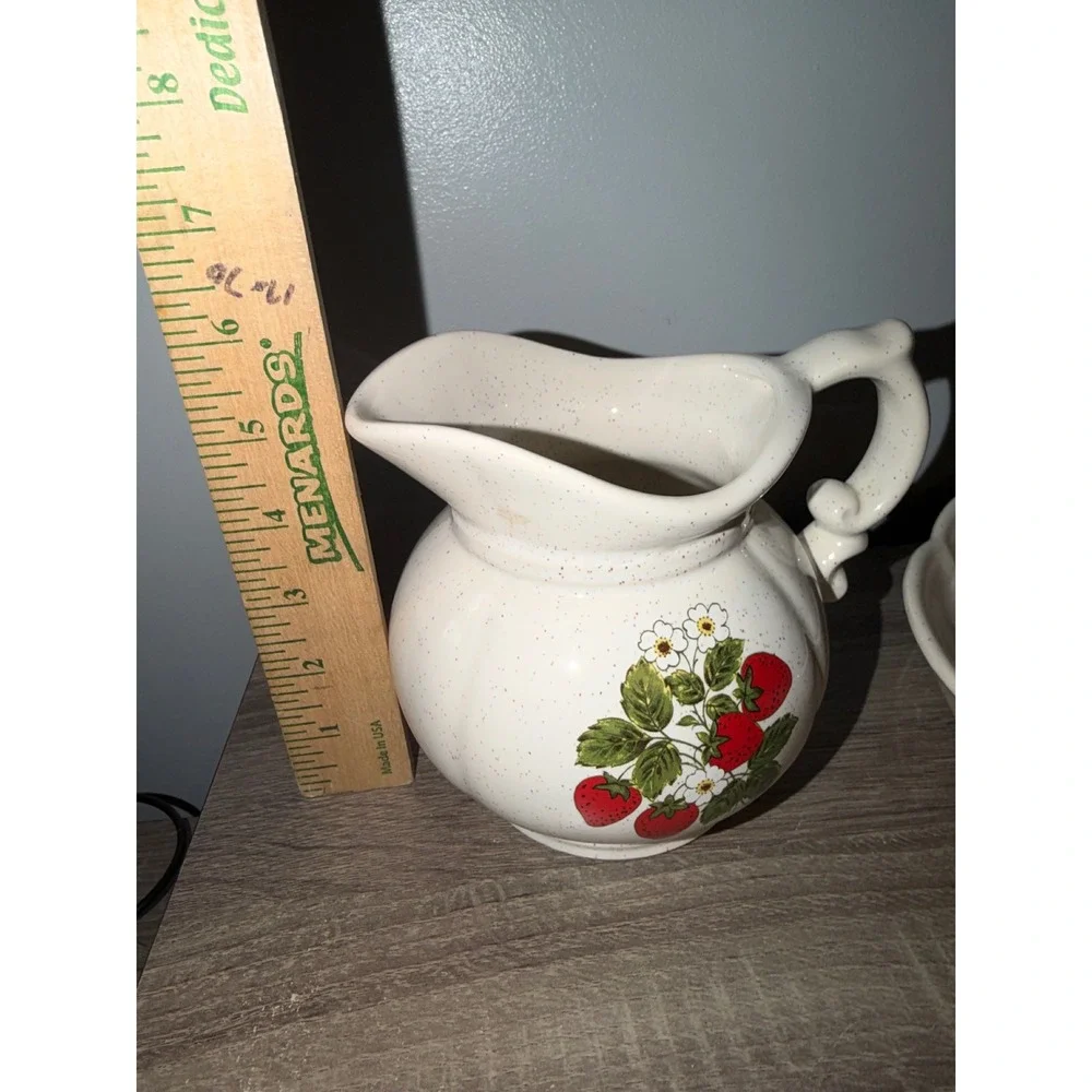 McCoy Pottery Strawberry Pitcher and Wash Basin Set Speckled Cream Ceramic VTG